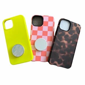 iphone 13 Fashion Phone Case Set - Neon Yellow, Pink Checkered , Brown Cheetah